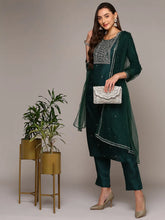 Women Silk Blend Green Rogan Work Straight Kurta Pant With Dupatta PKSKD1942A